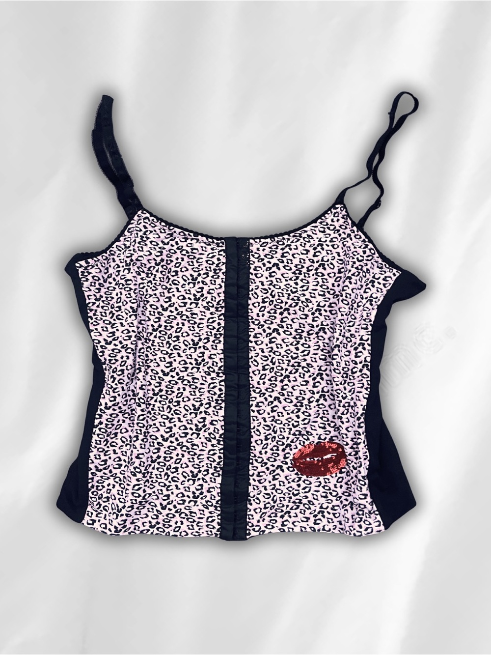 Pink Leopard Print Cami Tank with Black Trim and Sequin Lip Accent